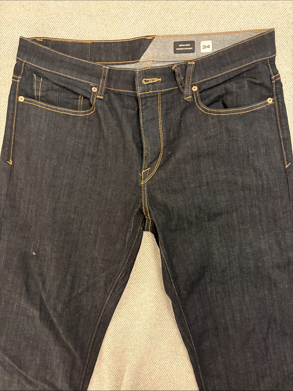 Volcom Men's Straight Jeans in Dark Indigo with Gold Stitching